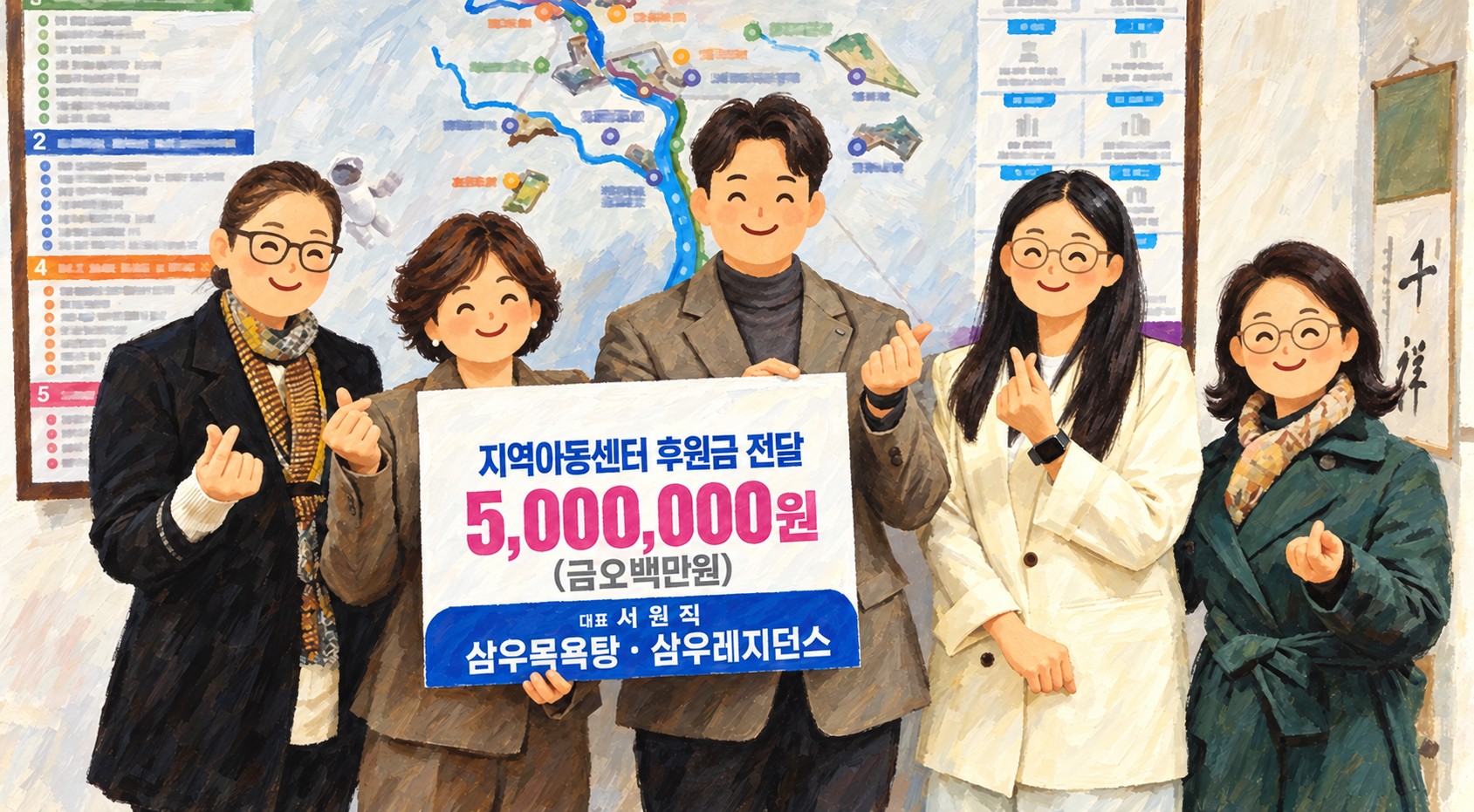얼굴을 단순한 그림체로 표현한 지역사회 후원금 전달식 일러스트